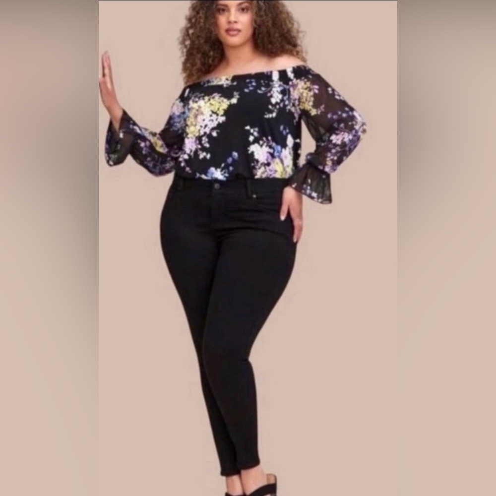 TORRID STUDIO KNIT OFF-SHOULDER SMOCKED WITH CHIFFON SLEEVES SWING TOP SIZE 2X